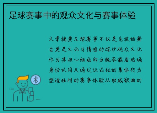 足球赛事中的观众文化与赛事体验