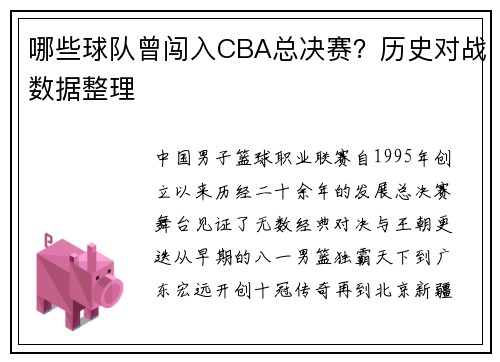 哪些球队曾闯入CBA总决赛？历史对战数据整理