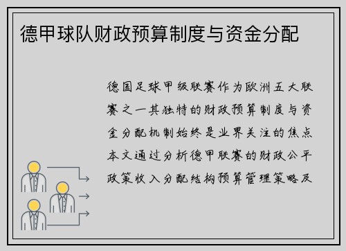 德甲球队财政预算制度与资金分配
